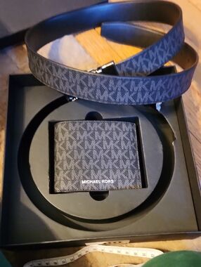 Michael Kors Black Monogram Belt and Cardholder Set